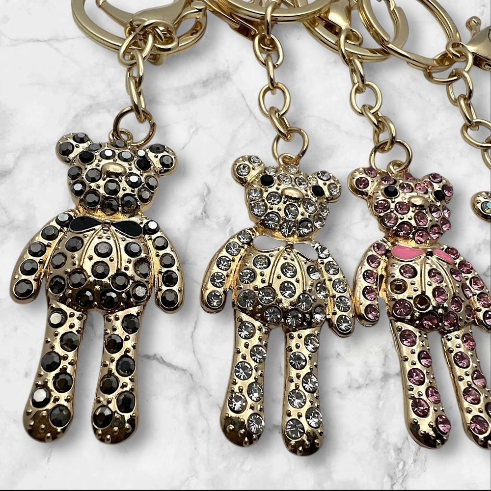 Gold Toned Coquette 2” Teddy Bear Keychain with Clear Rhinestones and Bow - Picture 3 of 4